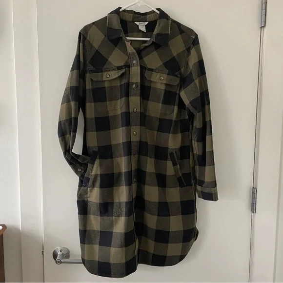 Duluth Trading Folklore Flannel Duster Shirt Jacket PLAID Green Black - Picture 2 of 10